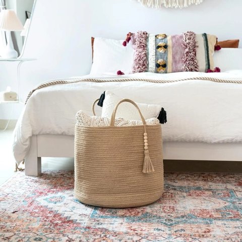 Large Cotton Rope Storage Basket With Tassels Wooden Beads Woven Laundry Hamper Foldable Nursery Toy Organizer For Home Decor