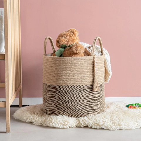 Grote Katoenen Touw Geweven Wasmand Met Kwastje Houten Kralen Decoratieve Opbergmand Met Handgrepen Voor Kleding Speelgoed Dekens