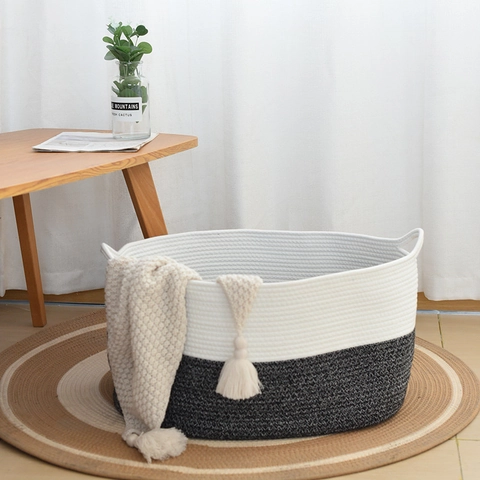 Noords Groot Katoenen Touw Geweven Opbergmand Dubbele Handvatten Tweekleurige Wasmand Voor Kleding Speelgoed Huis Organizer