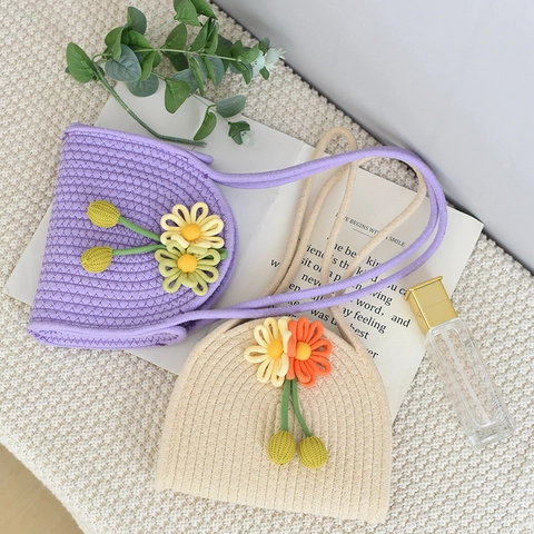 Borsa a Mano in Corda di Cotone Intrecciata a Mano da Donna Piccola Decorazione Floreale Borsa a Guscio Casual Stile Pastorale