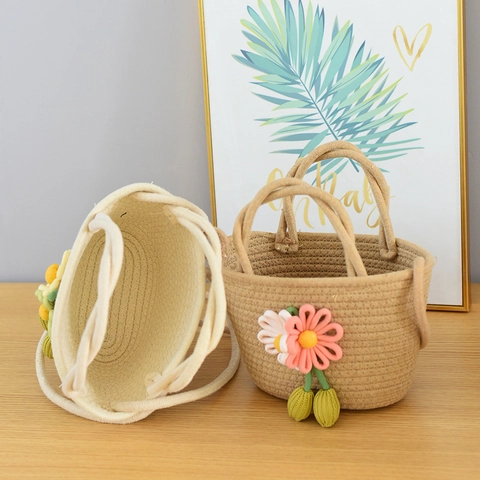 Borsa a Tracolla Intrecciata in Corda di Cotone Fatta a Mano per Donna Estate Spiaggia Vacanza Decorazione Floreale Borsa a Spalla