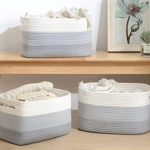 Handmade Cotton Rope Storage Basket Three Color Patchwork Woven Organizer With Handles For Clothes Toys Home Organization