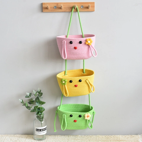 Organizzatore da Parete con Cesto Portaoggetti Sospeso a 3 Livelli in Cotone e Lino Tessuto a Mano per Cameretta