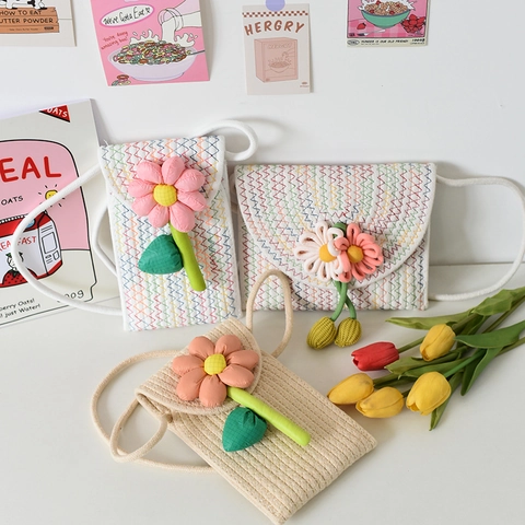 Handmade Woven Cotton Rope Crossbody Bag With 3D Flower Decoration Embroidered Small Pouch Summer Beach Phone Bag For Women