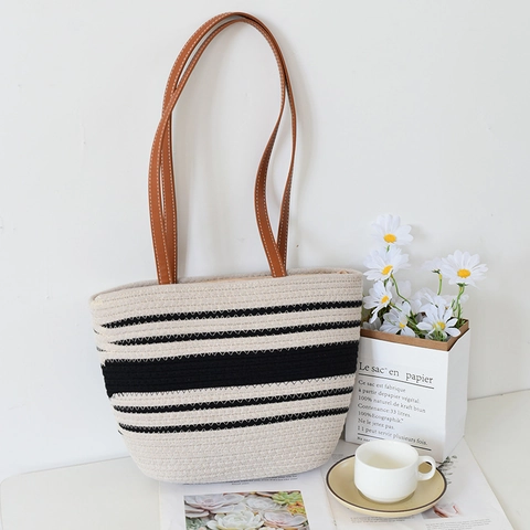 Damen Gewebte Gestreifte Tragetasche Baumwolle Große Kapazität Schultertasche Urban Einfache Handtasche Mit Kordelzug Futter