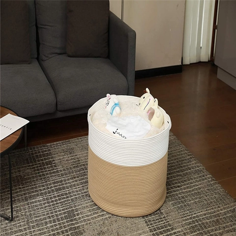Nordische Geweven Katoenen Touw Opbergmand Kleurblok Wasmand Met Handvatten Voor Kleding Speelgoed Huis Organisatie Opbergbak