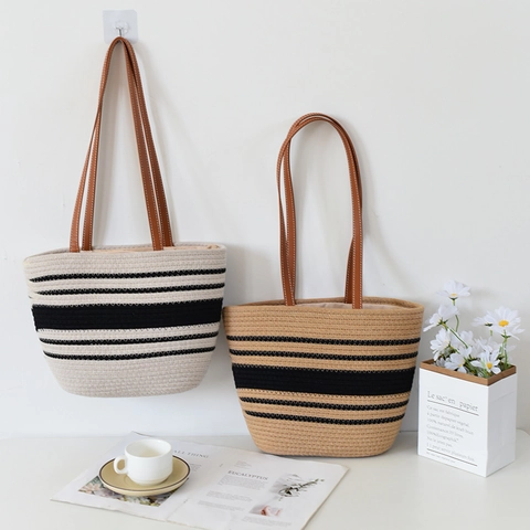 Damen Gewebte Gestreifte Tragetasche Baumwolle Große Kapazität Schultertasche Urban Einfache Handtasche Mit Kordelzug Futter