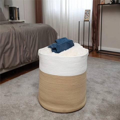 Nordische Geweven Katoenen Touw Opbergmand Kleurblok Wasmand Met Handvatten Voor Kleding Speelgoed Huis Organisatie Opbergbak