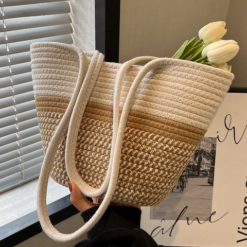 Large Capacity Woven Tote Bag Cotton Rope Color Block Shoulder Bag For Women Beach Holiday Underarm Bag Vacation Handbag