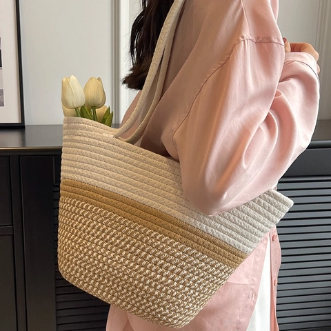 Large Capacity Woven Tote Bag Cotton Rope Color Block Shoulder Bag For Women Beach Holiday Underarm Bag Vacation Handbag