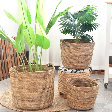 Nordic Woven Banana Rope Basket Planter Indoor Floor Storage Basket Natural Handwoven Plant Pot Cover Home Decor Basket