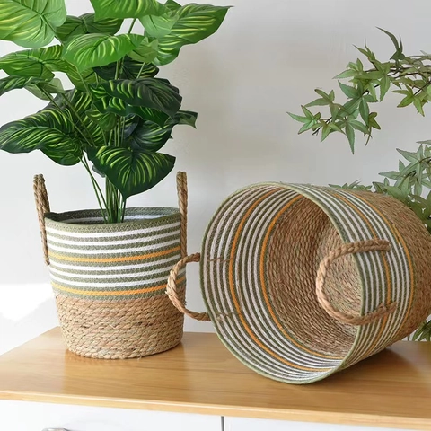 Cesta de Almacenamiento de Hierba Marina Tejida a Mano Cubierta de Maceta a Rayas Contenedor de Plantas Con Asas de Cuerda