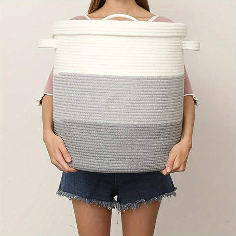 Grote Katoenen Touw Geweven Wasmand Met Deksel En Handgrepen Scandinavische Stijl Opbergbak Voor Vuile Kleding Speelgoedmand