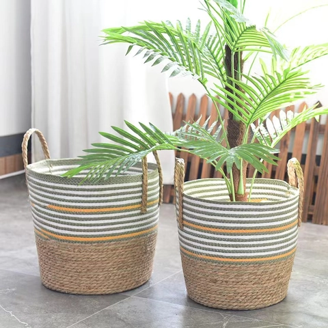 Cesta de Almacenamiento de Hierba Marina Tejida a Mano Cubierta de Maceta a Rayas Contenedor de Plantas Con Asas de Cuerda