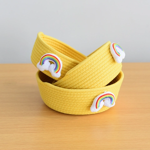 Cesto portaoggetti intrecciato in corda di cotone nordico Ricamo arcobaleno Scatola organizer per articoli vari desktop