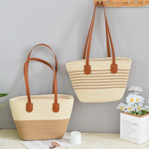 Zomer Stro Gevlochten Tote Tas Grote Capaciteit Gestreepte Schoudertas Voor Vrouwen Strandvakantie Casual Handtas Met Rits