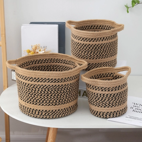 Cesto Portaoggetti Nordico in Corda di Cotone Intrecciata Con Manici Motivo Pied de Poule Cesto Lavanderia Per Camera da Letto Soggiorno Casa Organizzazione
