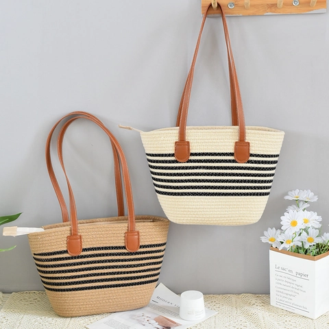 Zomer Stro Gevlochten Tote Tas Grote Capaciteit Gestreepte Schoudertas Voor Vrouwen Strandvakantie Casual Handtas Met Rits