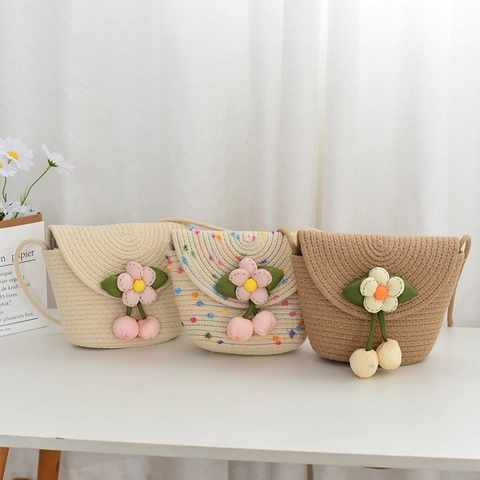 Borsa a Tracolla Floreale in Corda di Cotone Intrecciata a Mano Donna Bambini Estate Spiaggia Borsa per Cellulare