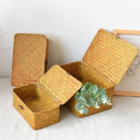 Handgemaakte Geweven Zeegras Opbergmand Met Deksel Rechthoekige Decoratieve Rieten Organizer Box Voor Thuis Bruiloft Cadeau Natuurlijke Stro Container