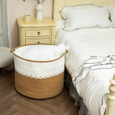 Noords Groot Katoenen Touw Geweven Opbergmand Opvouwbare Wasmand Met Handgrepen Speelgoed Organizer Ronde Decoratieve Mand