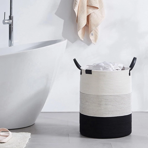 Moderne Katoenen Touw Gevlochten Opbergmand Driekleurig Gesplitst Wasmand Ronde Speelgoed Organizer Met Leren Handvatten