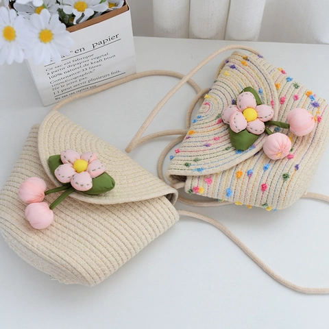Borsa a Tracolla Floreale in Corda di Cotone Intrecciata a Mano Donna Bambini Estate Spiaggia Borsa per Cellulare