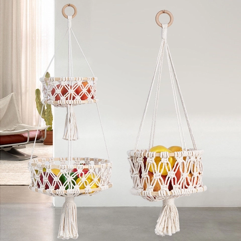 Cesto Frutta Sospeso Macramè Corda di Cotone Intrecciata a Mano Organizzatore da Cucina Boho Decorazione a Parete con Nappine
