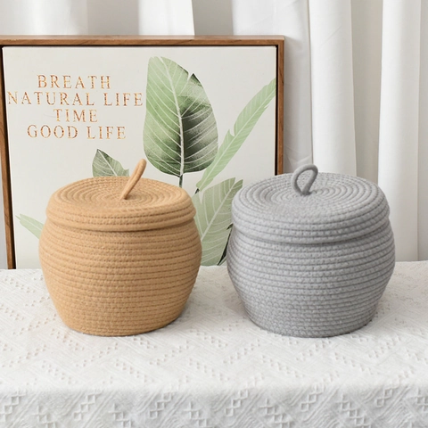 Cesto Portaoggetti in Corda di Cotone Fatto a Mano Con Coperchio Organizzatore Intrecciato Rotondo per Snack Articoli Vari Arredo Casa Minimalista