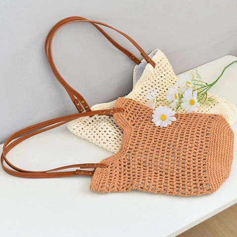 Women's Handmade Woven Cotton Tote Bag Large Capacity Hollow Out Beach Shoulder Bag Casual Minimalist Handbag With PU Strap