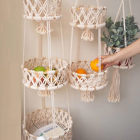 Cesto Frutta Sospeso Macramè Corda di Cotone Intrecciata a Mano Organizzatore da Cucina Boho Decorazione a Parete con Nappine