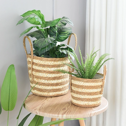 Nordic Hand Woven Straw Flower Basket With Waterproof Lining Pastoral Style Striped Decorative Planter For Home Decor