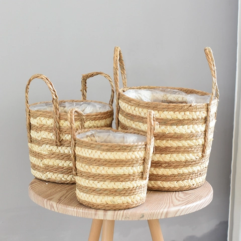 Nordic Hand Woven Straw Flower Basket With Waterproof Lining Pastoral Style Striped Decorative Planter For Home Decor