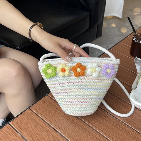 Borsa a Tracolla Intrecciata in Corda di Cotone Fatta a Mano per Donna Secchiello a Uncinetto Floreale Borsa da Spiaggia Estiva