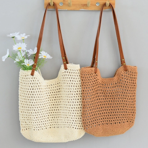 Women's Handmade Woven Cotton Tote Bag Large Capacity Hollow Out Beach Shoulder Bag Casual Minimalist Handbag With PU Strap