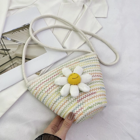 Petit Sac Bandoulière en Paille Tissé pour Femmes Avec Décor Tournesol Visage Souriant Sac de Plage en Corde de Coton