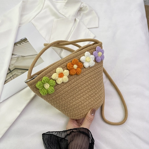 Borsa a Tracolla Intrecciata in Corda di Cotone Fatta a Mano per Donna Secchiello a Uncinetto Floreale Borsa da Spiaggia Estiva