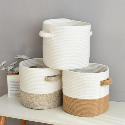 Noordse Geweven Katoenen Touw Opbergmand Ronde Wasmand Met Handgrepen Voor Speelgoed Kleding Huis Organizer