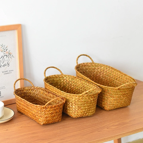 Cesto Portaoggetti in Salice Intrecciato a Mano Pastorale Doppio Manico Cesto di Frutta Rustico Organizzatore da Tavolo