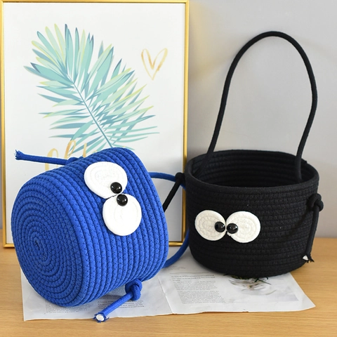 Simpatico Cesto Portaoggetti in Corda di Cotone Intrecciata con Grandi Occhi Organizer da Scrivania Fatto a Mano Cestino con Maniglia