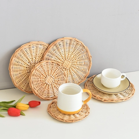 Round Hand Woven Rattan Placemat Heat Resistant Coaster Natural Willow Dining Table Plate Mat For Kitchen Home Decoration