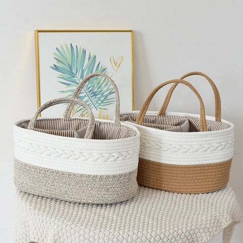 Cesto Portaoggetti per Pannolini in Corda di Cotone Organizer Portatile per Cameretta con Divisori Rimovibili Dettaglio Treccia