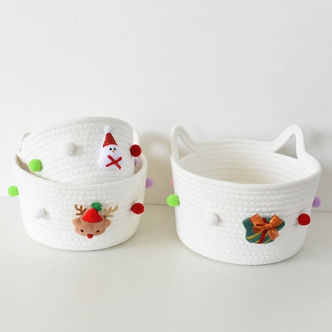 Weihnachten Baumwollseil Geflochtener Aufbewahrungskorb Set Rentier Schneemann Bommel Dekorativer Desktop Organizer Geschenkkorb Für Haus