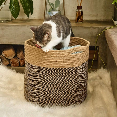Katoenen Touw Geweven Wasmand Noordse Splice Opbergmand Ronde Decoratieve Mand Met Handvaten Voor Kleding Speelgoed Huis