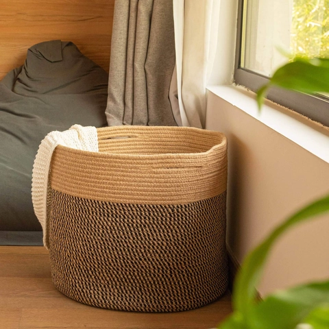 Katoenen Touw Geweven Wasmand Noordse Splice Opbergmand Ronde Decoratieve Mand Met Handvaten Voor Kleding Speelgoed Huis