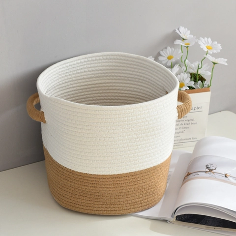 Noordse Geweven Katoenen Touw Opbergmand Ronde Wasmand Met Handgrepen Voor Speelgoed Kleding Huis Organizer