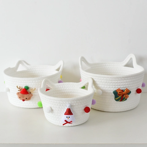 Weihnachten Baumwollseil Geflochtener Aufbewahrungskorb Set Rentier Schneemann Bommel Dekorativer Desktop Organizer Geschenkkorb Für Haus