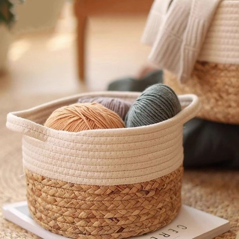 Cesto Portaoggetti in Corda di Cotone e Giacinto d'Acqua Intrecciato a Mano Con Manici Organizer da Scrivania Pastorale Per Biancheria Giocattoli