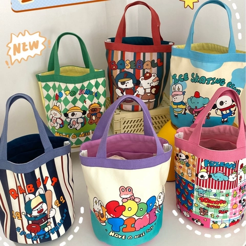 Simpatico Secchiello in Tela con Illustrazione a Cartoni Animati per Donna Studente Borsa per il Pranzo Portatile Portaoggetti a Mano Borsa Stampata Fresca