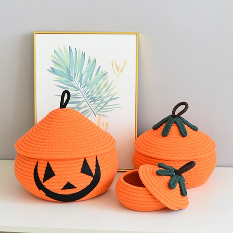 Halloween Kürbis Baumwolle Seil Geflochten Aufbewahrungskorb Orange Kürbis Gesicht Desktop Organizer Für Snacks Spielzeug